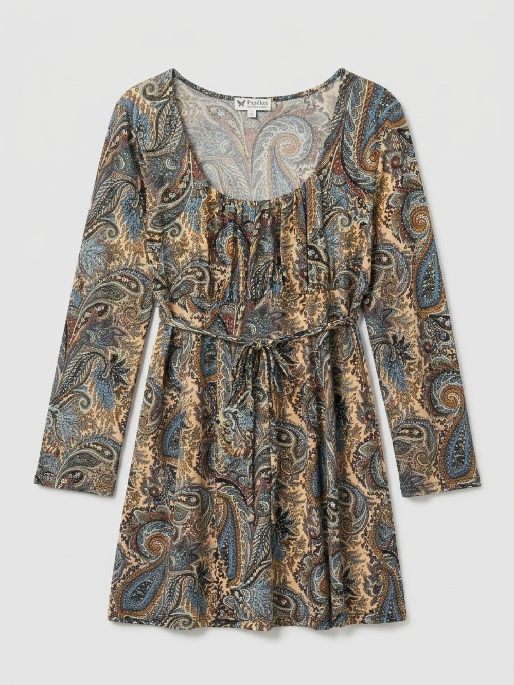 Papillon Paisley Tie-Waist Long Sleeve Dress - Blue & Tan
